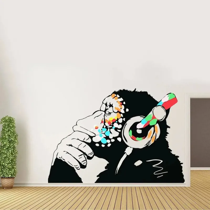 Banksy Thinking Monkey Wall Sticker - Art Vinyl Street Dj Baksy Decal - Headphones Chimp Music Thinker Graffiti Mural Sale
