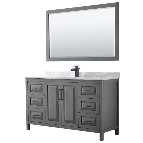 Markdown Daria 60 Inch Single Bathroom Vanity In Dark Gray, White Carrara Marble Countertop, Undermount Square Sink, Matte Black Trim, 58 Inch Mirror