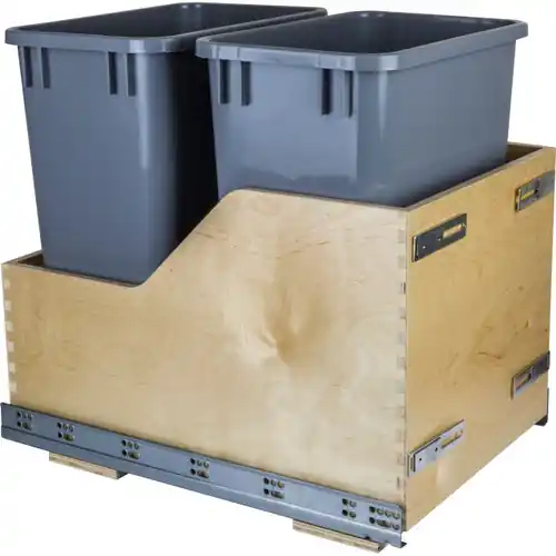 Place Order Double 35 Quart Wood Bottom-mount Soft-close Trashcan Rollout For Door Mounting, Includes Two Grey Cans